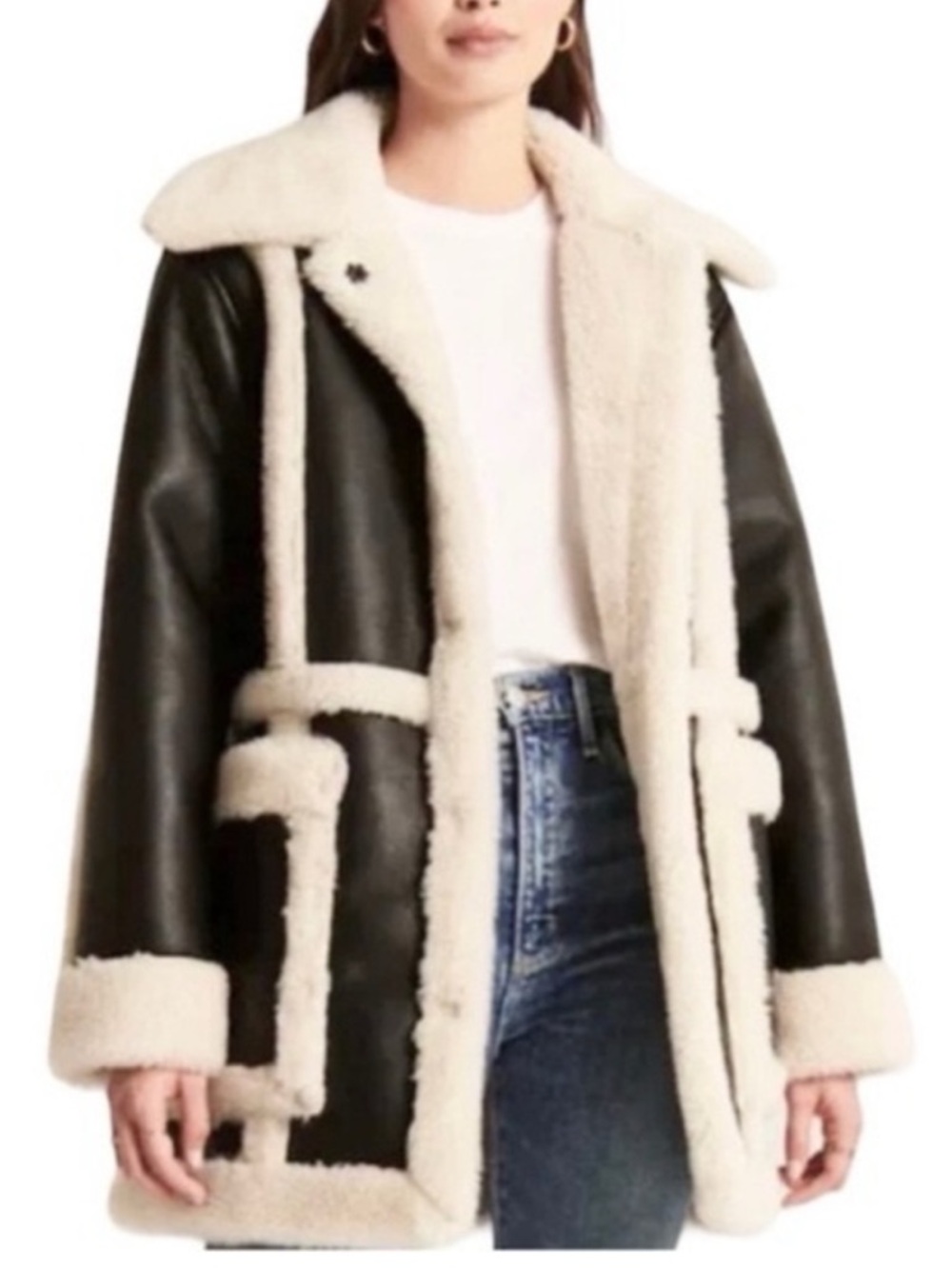 Abercrombie & Fitch Womans Faux Shearling Faux Leather Black Jacket Coat Size S